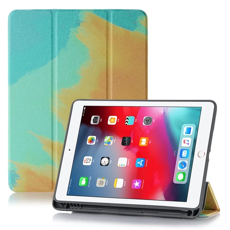 Pattern Printing Leather Stand Protective Case with Pen Slot for iPad 10.2 (2021)/(2020)/(2019) - Green/Yellow