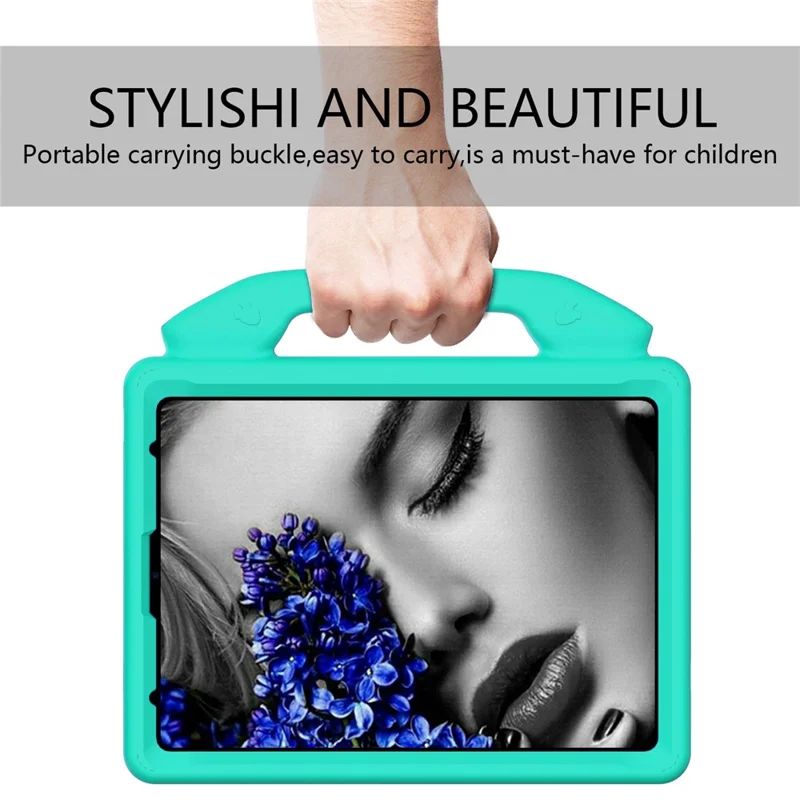 For iPad Pro 11 (2025) / 11 (2024) / (2021) / (2020) / (2022) Shockproof Thumb-Shaped Kickstand EVA Tablet Protective Case with Portable Handle Design - Cyan
