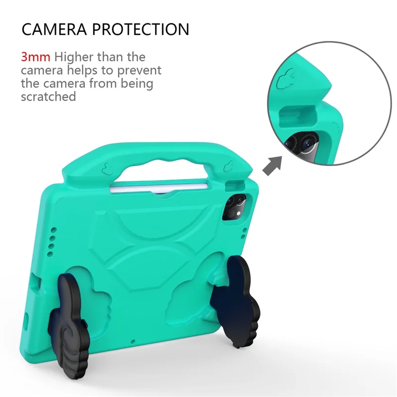 For iPad Pro 11 (2025) / 11 (2024) / (2021) / (2020) / (2022) Shockproof Thumb-Shaped Kickstand EVA Tablet Protective Case with Portable Handle Design - Cyan