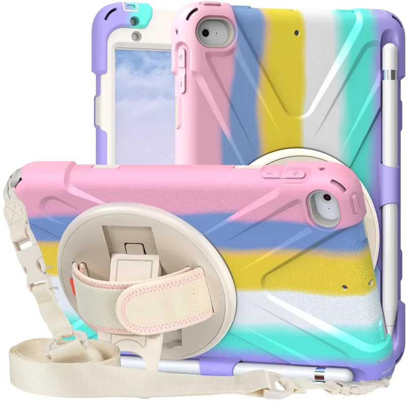 Drejelig standerdesign til tabletbeskytning + rem med farverigt regnbue-mønster til iPad mini 4/(2019) 7,9 tommer - Farverig/Rød