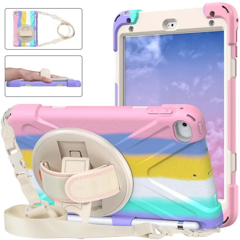 Drejelig standerdesign til tabletbeskytning + rem med farverigt regnbue-mønster til iPad mini 4/(2019) 7,9 tommer - Farverig/Rød