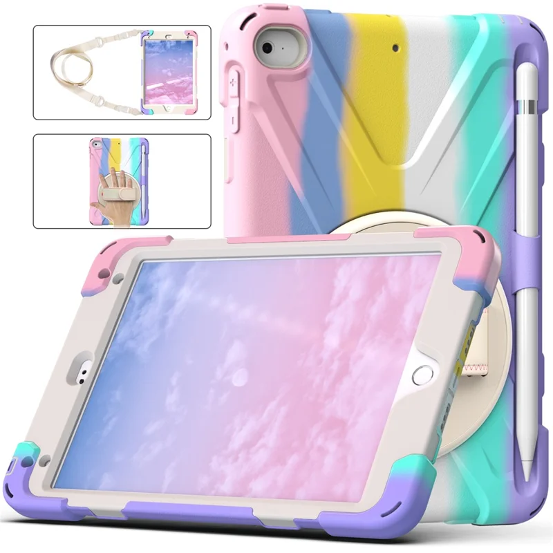 Drejelig standerdesign til tabletbeskytning + rem med farverigt regnbue-mønster til iPad mini 4/(2019) 7,9 tommer - Farverig/Rød