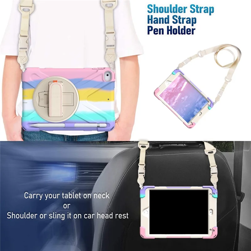 Drejelig standerdesign til tabletbeskytning + rem med farverigt regnbue-mønster til iPad mini 4/(2019) 7,9 tommer - Farverig/Rød