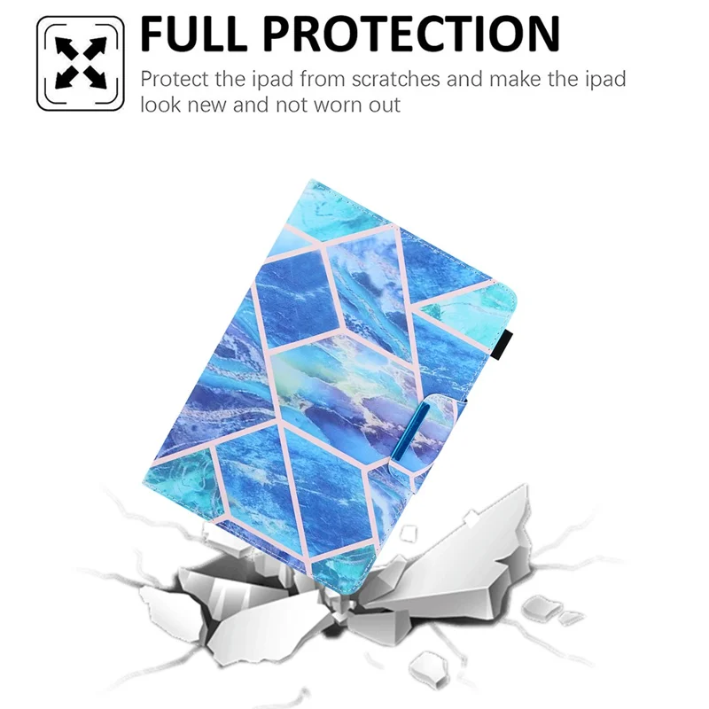 Universelet læderetui med tværgående struktur og blå geometrisk tryk til 8"-tabletter