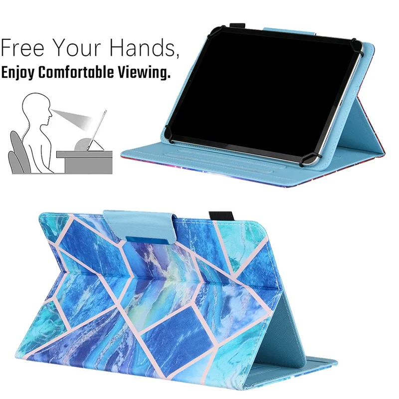 Universelet læderetui med tværgående struktur og blå geometrisk tryk til 8"-tabletter