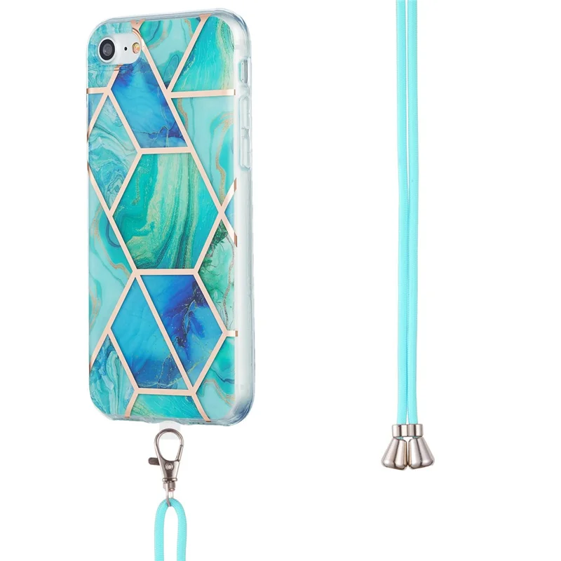 2.0mm IMD Electroplating Marble Pattern Splicing TPU Phone Case with Lanyard for iPhone 7 4.7 inch/8 4.7 inch/SE (2020)/SE (2022) - Green