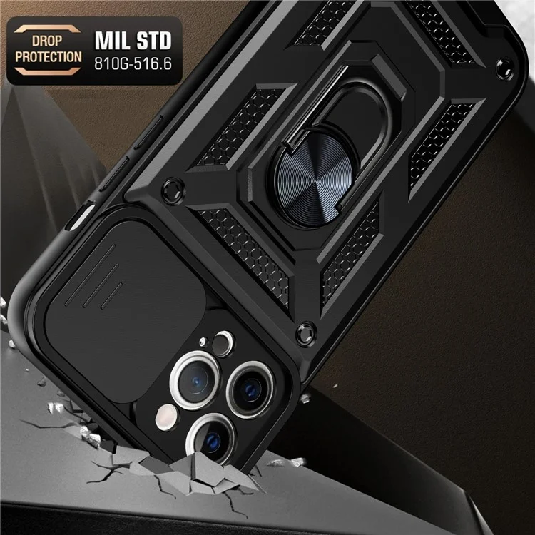 Camera Push Window Phone Case Cover with Kickstand Ring Holder for iPhone 12 Pro Max - Black