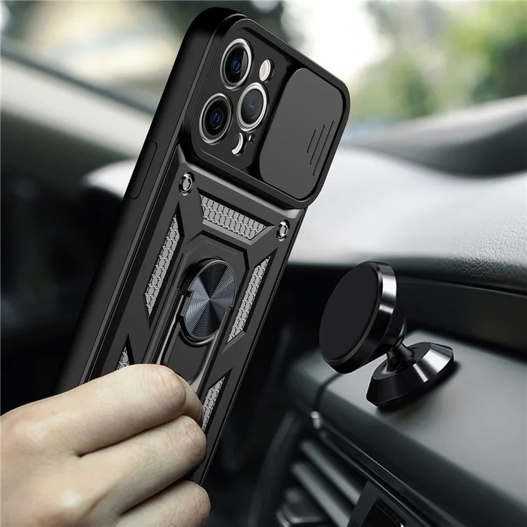 Camera Push Window Phone Case Cover with Kickstand Ring Holder for iPhone 12 Pro Max - Black