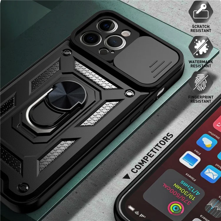 Camera Push Window Phone Case Cover with Kickstand Ring Holder for iPhone 12 Pro Max - Black