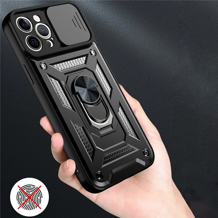 Camera Push Window Phone Case Cover with Kickstand Ring Holder for iPhone 12 Pro Max - Black