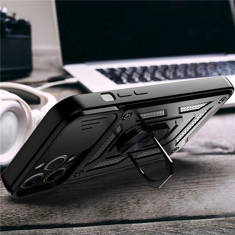 Camera Push Window Phone Case Cover with Kickstand Ring Holder for iPhone 12 Pro Max - Black