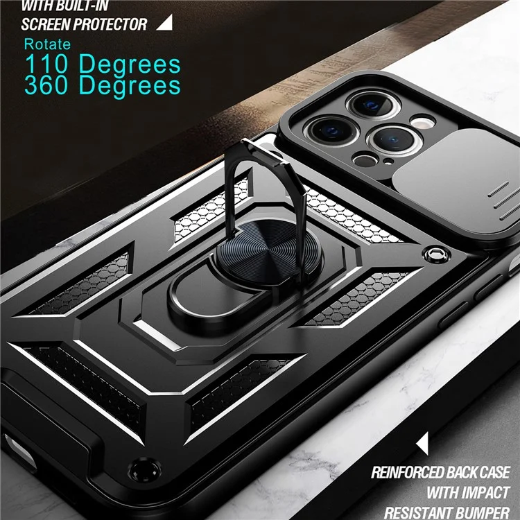 Camera Push Window Phone Case Cover with Kickstand Ring Holder for iPhone 12 Pro Max - Black