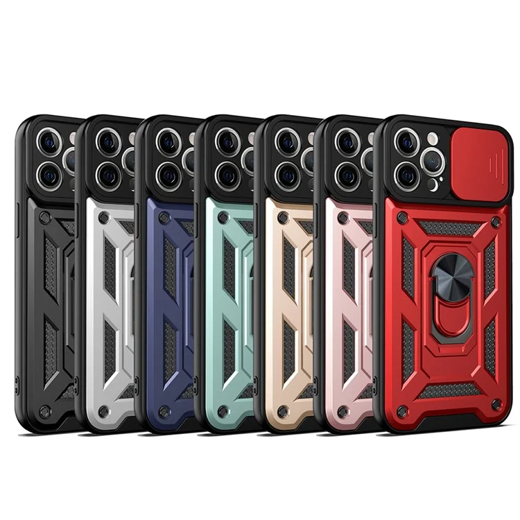 Camera Push Window Phone Case Cover with Kickstand Ring Holder for iPhone 12 Pro Max - Black