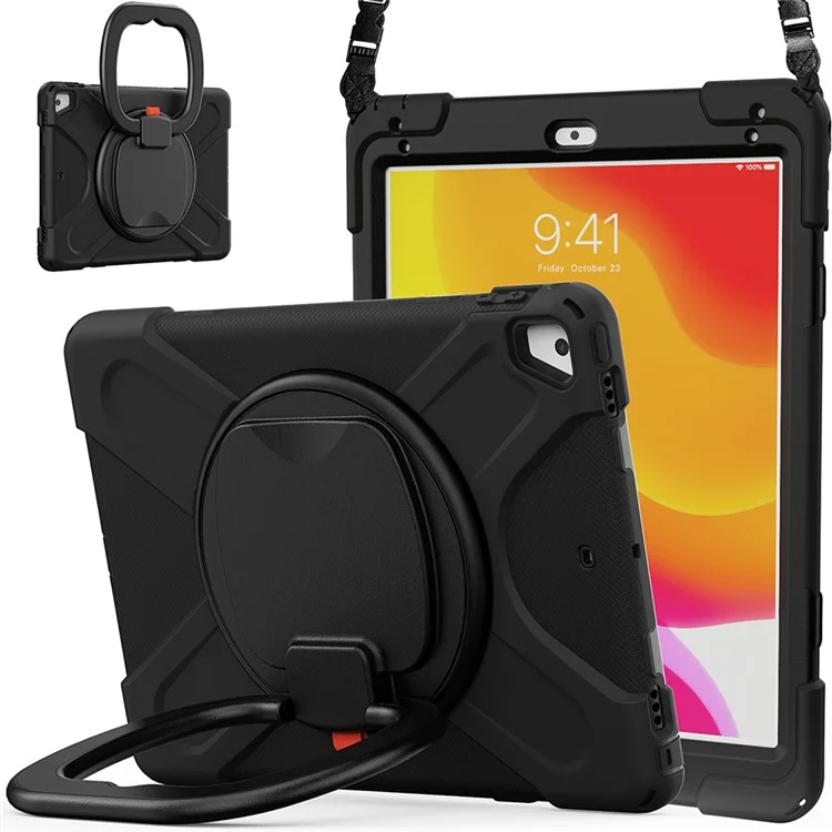 Flexible Tablet Cover with 360 Degree Swivel Kickstand + Shoulder Strap (B Style) for iPad 9.7-inch (2017) / (2018) / Air 2 - Black / Black