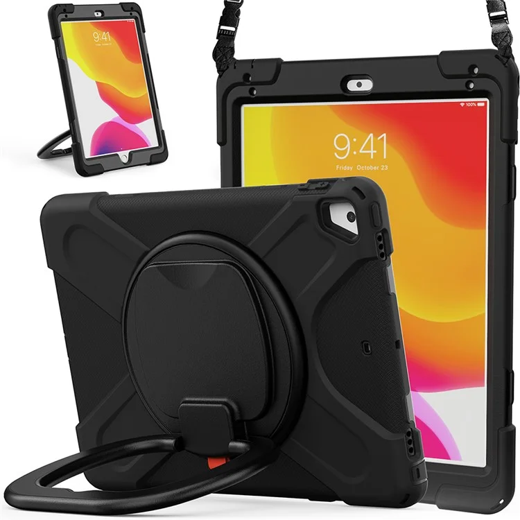 Flexible Tablet Cover with 360 Degree Swivel Kickstand + Shoulder Strap (B Style) for iPad 9.7-inch (2017) / (2018) / Air 2 - Black / Black