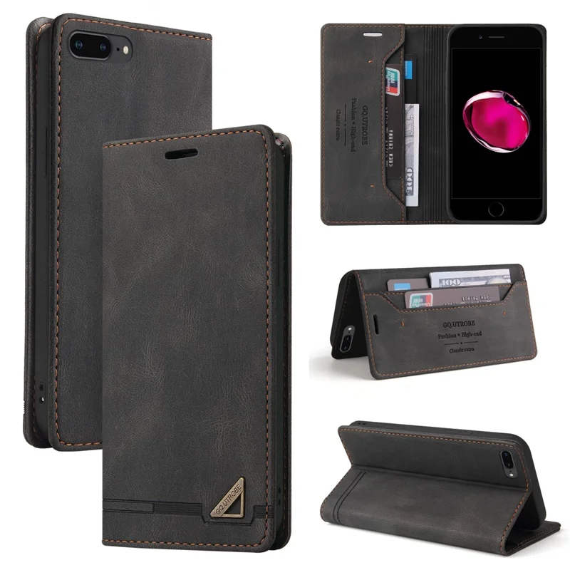 GQ.UTROBE Auto- absorbed Quality Leather Phone Shell Case with Anti-theft Swiping Design for iPhone 7 4.7 inch/8 4.7 inch/SE (2020)/SE (2022) - Black
