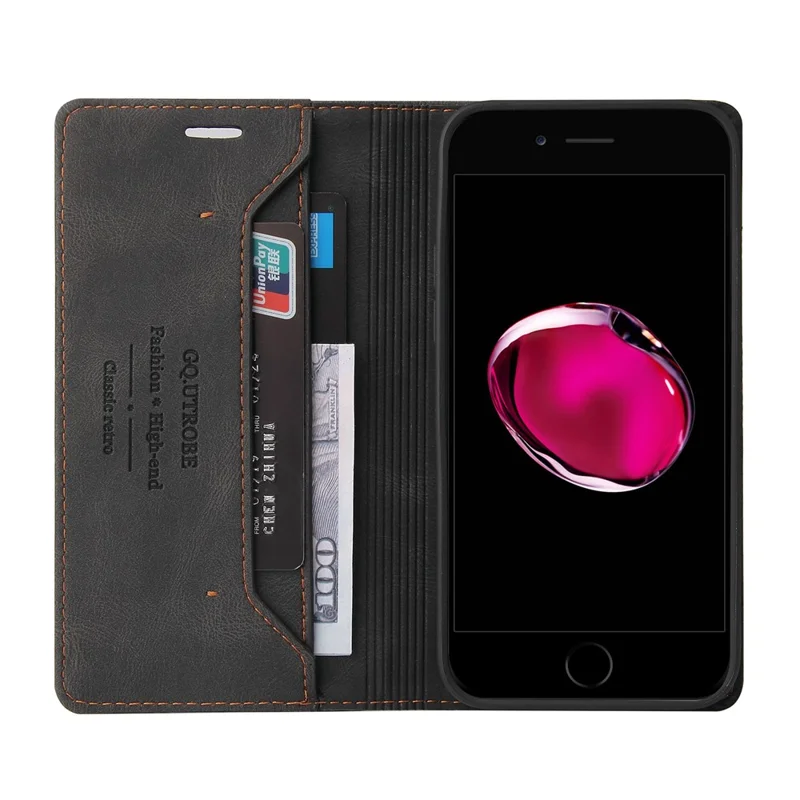 GQ.UTROBE Auto- absorbed Quality Leather Phone Shell Case with Anti-theft Swiping Design for iPhone 7 4.7 inch/8 4.7 inch/SE (2020)/SE (2022) - Black