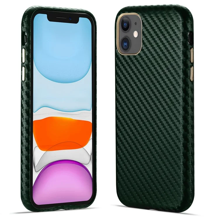 Carbon Fibre PU en Cuir en Cuir Enduit Hard PC Bien Protégé Couverture de Protection Pour Iphone 11 6,1 Pouces - Vert