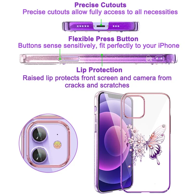 KINGXBAR Butterfly Series Luxury Authorized Swarovski Crystals Clear PC Phone Case for iPhone 12 Pro/12 - Purple