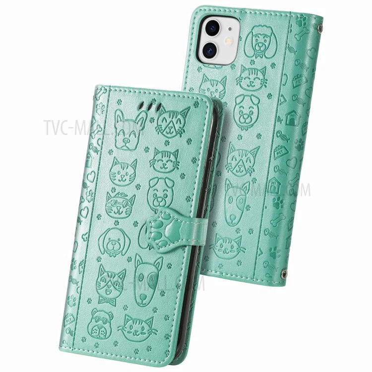 Imprinting Cat Dog Pattern Design Magnetic's Leather Stand Case Per Iphone 11 6,1 Pollici - Verde