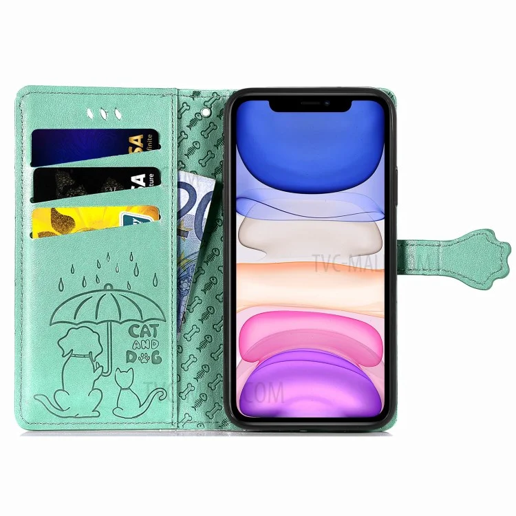 Imprinting Cat Dog Pattern Design Magnetic's Leather Stand Case Per Iphone 11 6,1 Pollici - Verde