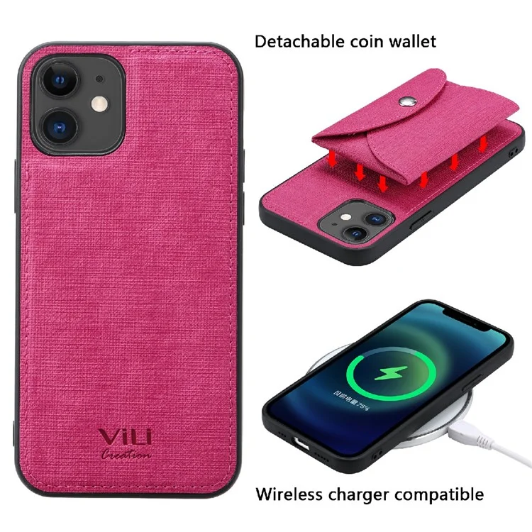 VILI T Series Movable Magnetic Absorption Wallet Leather Coated TPU Phone Case for iPhone 12 Pro / 12 6.1 inch - Rose
