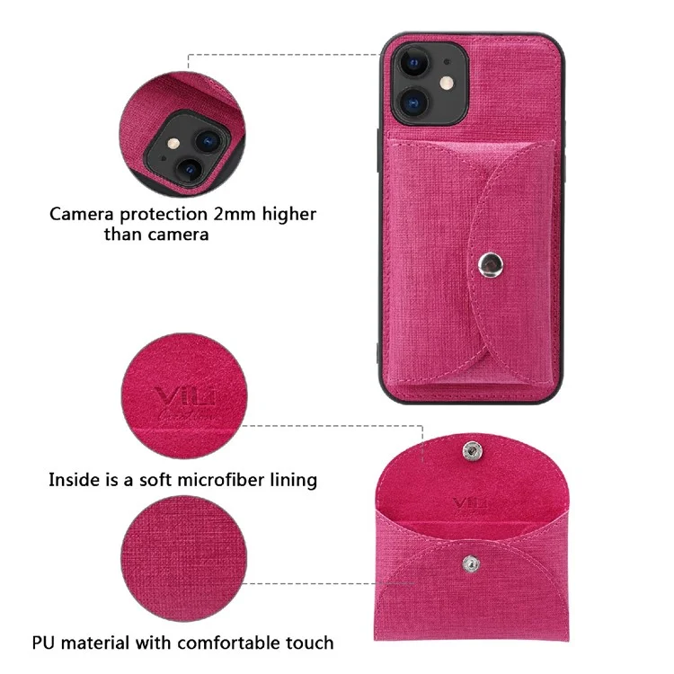 VILI T Series Movable Magnetic Absorption Wallet Leather Coated TPU Phone Case for iPhone 12 Pro / 12 6.1 inch - Rose