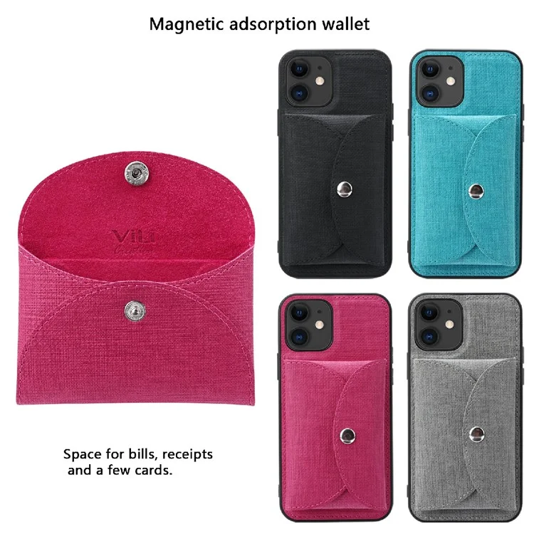 VILI T Series Movable Magnetic Absorption Wallet Leather Coated TPU Phone Case for iPhone 12 Pro / 12 6.1 inch - Rose