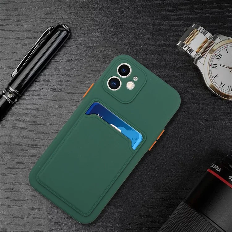 Soft TPU Protective Case Cover Built In Card Slot for iPhone 12 - Dark Green