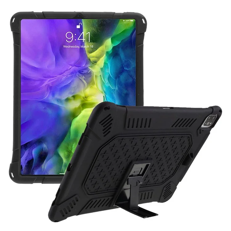 Silicone À Prova De Choque + Protetor De Plástico Tablet Case Capa Shell Com Kickstand Para Ipad Pro 12.9-inch 2018/2020/2021 - Preto