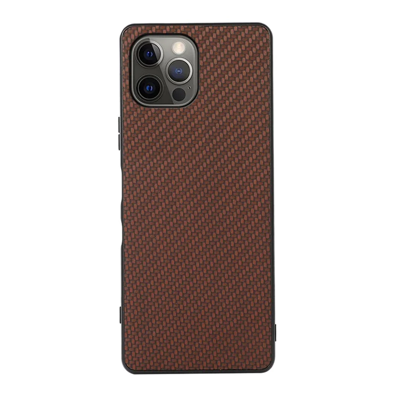 Carbon Fiber Texture Leather Case Back Cover for iPhone 12 Pro Max - Brown