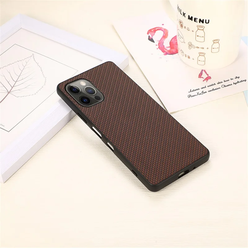 Carbon Fiber Texture Leather Case Back Cover for iPhone 12 Pro Max - Brown