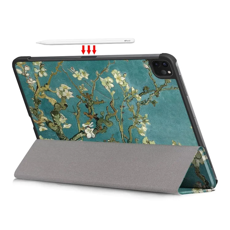 Tri-fold Stand Pattern Padring Impressão PU Capa de Combato Inteligente de Completo Para Ipad Pro de 11 Polegadas (2021)/(2020)/(2018)/ar (2020)/ar (2022) - Flor de Ameixa