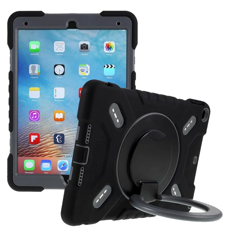 PEPKOO For iPad 9.7-inch (2017)/(2018) 360 Degree Swivel Kickstand Tablet Case PC + Silicone Cover with Anti-Dust Plug - Black