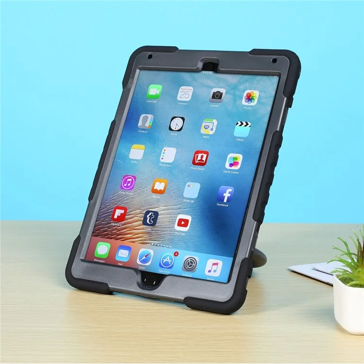 PEPKOO For iPad 9.7-inch (2017)/(2018) 360 Degree Swivel Kickstand Tablet Case PC + Silicone Cover with Anti-Dust Plug - Black