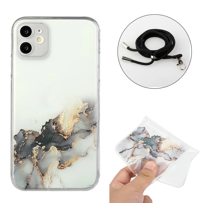 Well-Protected Marble Pattern Flexible TPU Case with Adjustable Lanyard for iPhone 12 mini - Style C