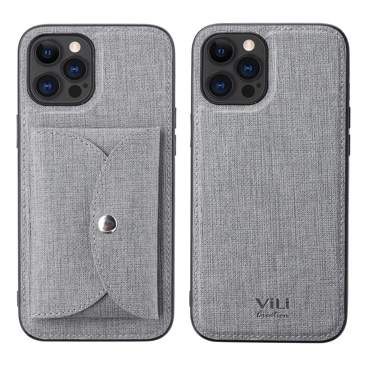 VILI T Series for iPhone 12 Pro Max Leather Coated TPU Phone Case Movable Magnetic Absorption Back Cover with Card Holder - Grey