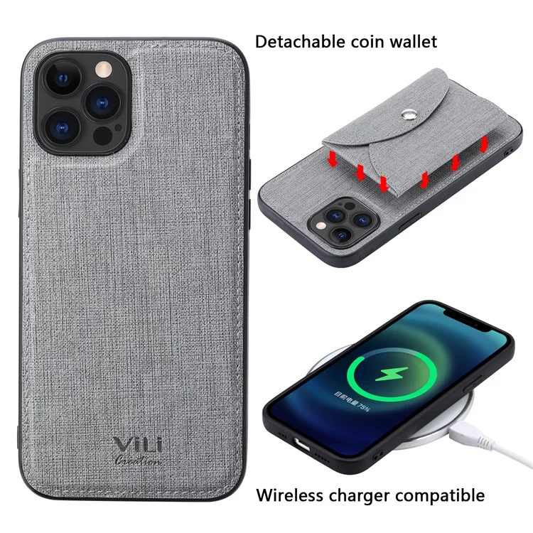 VILI T Series for iPhone 12 Pro Max Leather Coated TPU Phone Case Movable Magnetic Absorption Back Cover with Card Holder - Grey