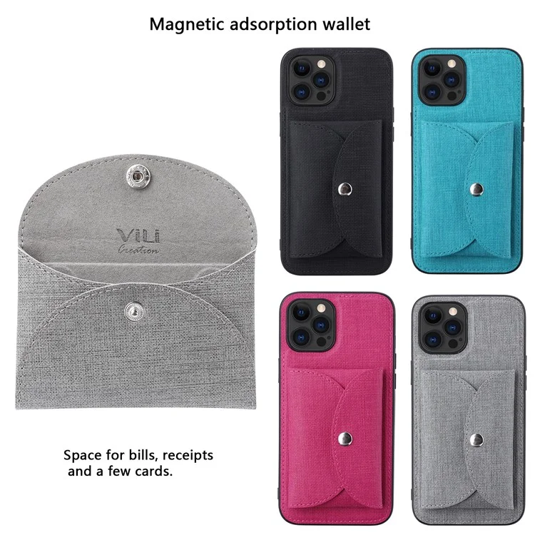VILI T Series for iPhone 12 Pro Max Leather Coated TPU Phone Case Movable Magnetic Absorption Back Cover with Card Holder - Grey