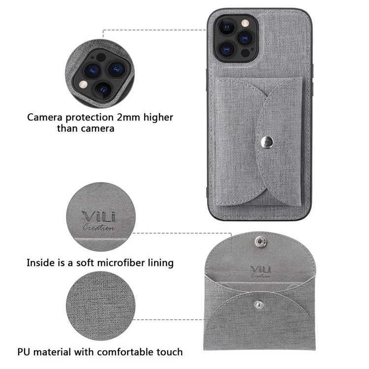VILI T Series for iPhone 12 Pro Max Leather Coated TPU Phone Case Movable Magnetic Absorption Back Cover with Card Holder - Grey