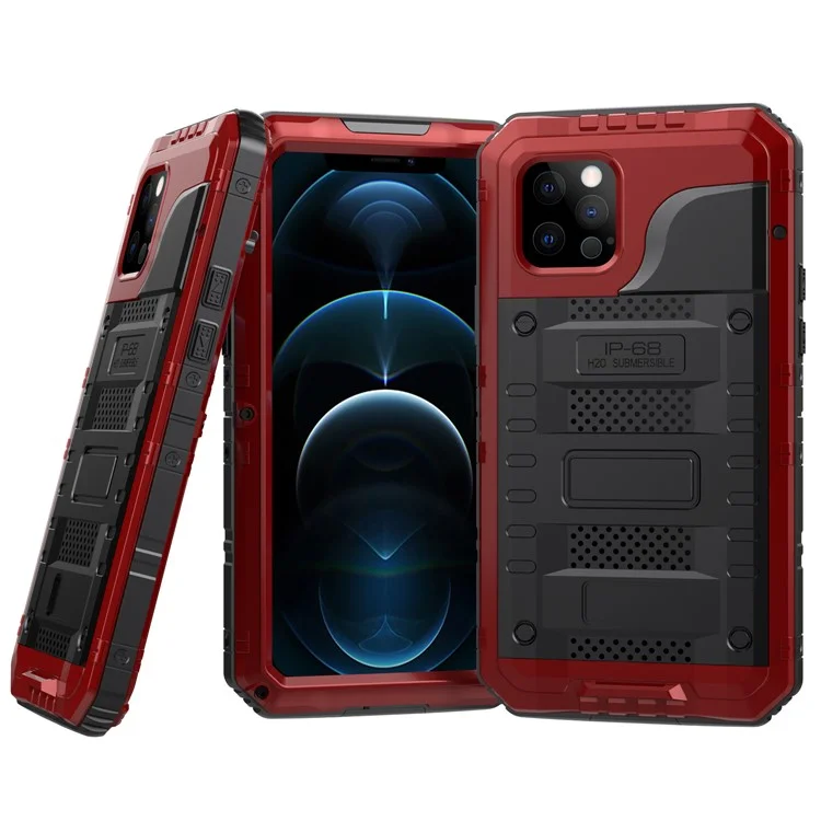 Capa à prova d'água e à prova de choque de silicone e metal para iPhone 12 Pro Max - Vermelha