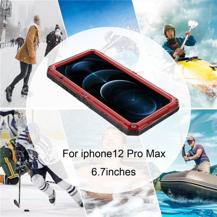 Capa à prova d'água e à prova de choque de silicone e metal para iPhone 12 Pro Max - Vermelha