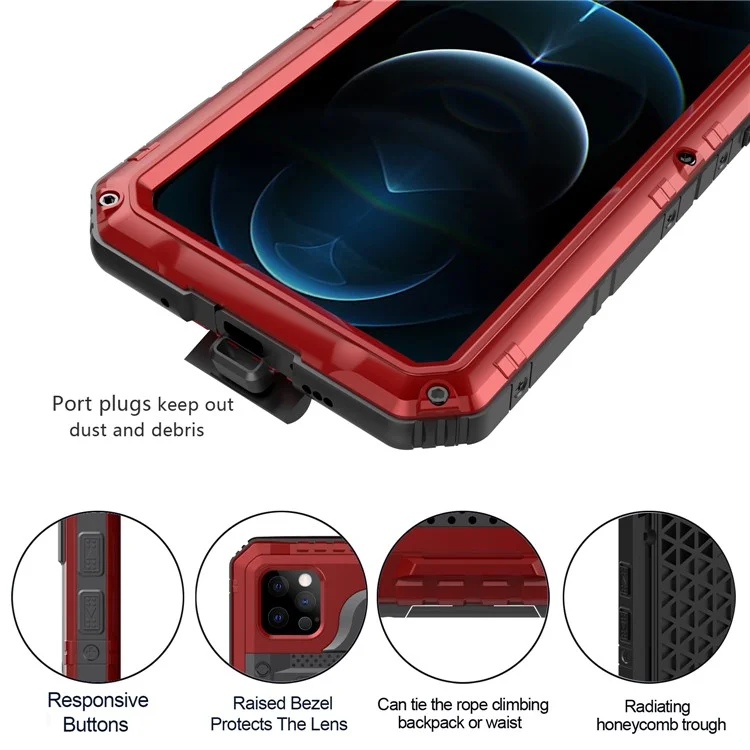 Capa à prova d'água e à prova de choque de silicone e metal para iPhone 12 Pro Max - Vermelha