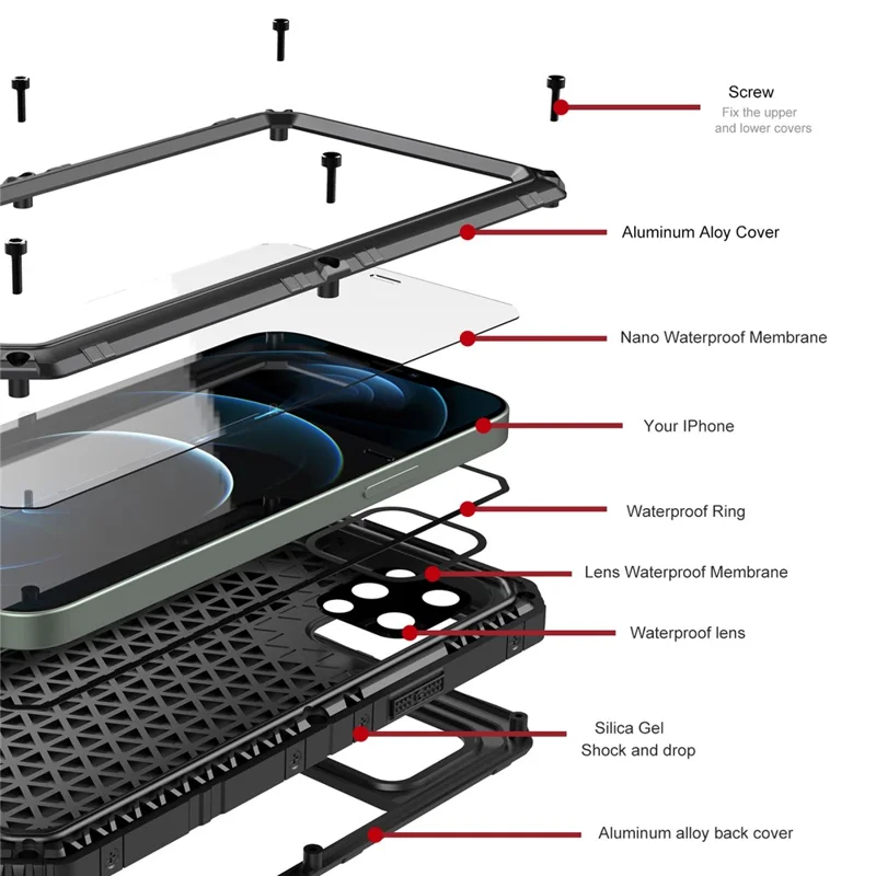 حالة مقاومة للصدمات ومقاومة للماء من السيليكون + معدن لهاتف iPhone 12 Pro Max - أسود