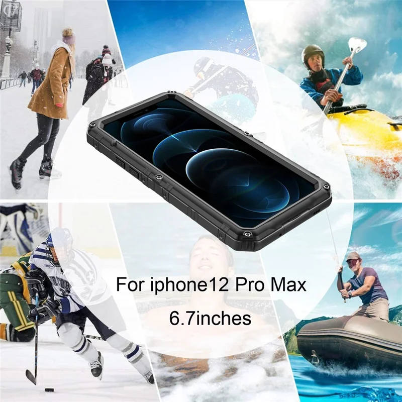 حالة مقاومة للصدمات ومقاومة للماء من السيليكون + معدن لهاتف iPhone 12 Pro Max - أسود