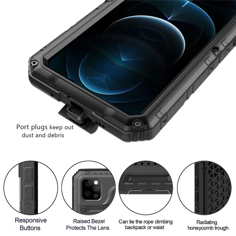 حالة مقاومة للصدمات ومقاومة للماء من السيليكون + معدن لهاتف iPhone 12 Pro Max - أسود