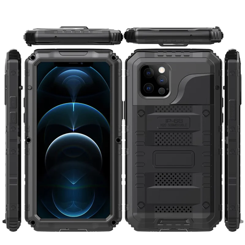 حالة مقاومة للصدمات ومقاومة للماء من السيليكون + معدن لهاتف iPhone 12 Pro Max - أسود