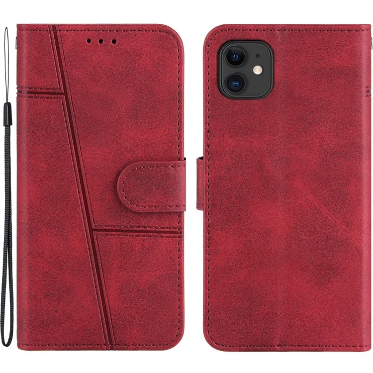 Splicing Leather Phone Cover Wallet Stand Case with Strap for iPhone 11 6.1 inch - Red