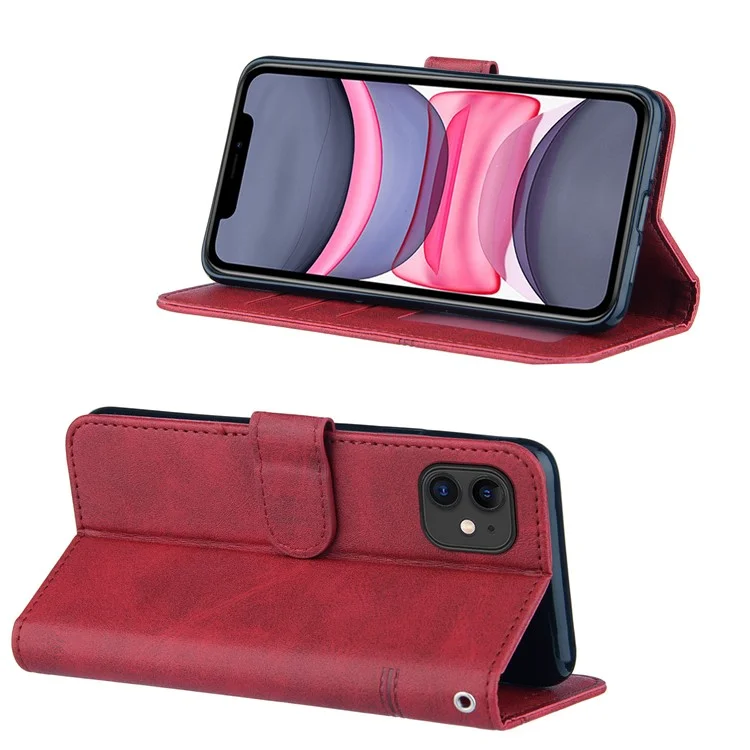 Splicing Leather Phone Cover Wallet Stand Case with Strap for iPhone 11 6.1 inch - Red