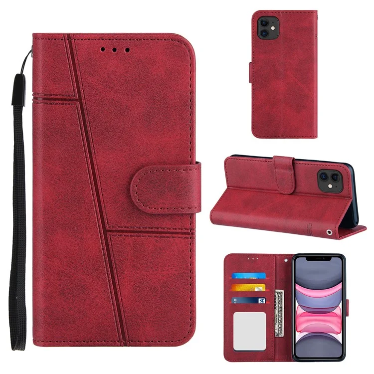 Splicing Leather Phone Cover Wallet Stand Case with Strap for iPhone 11 6.1 inch - Red